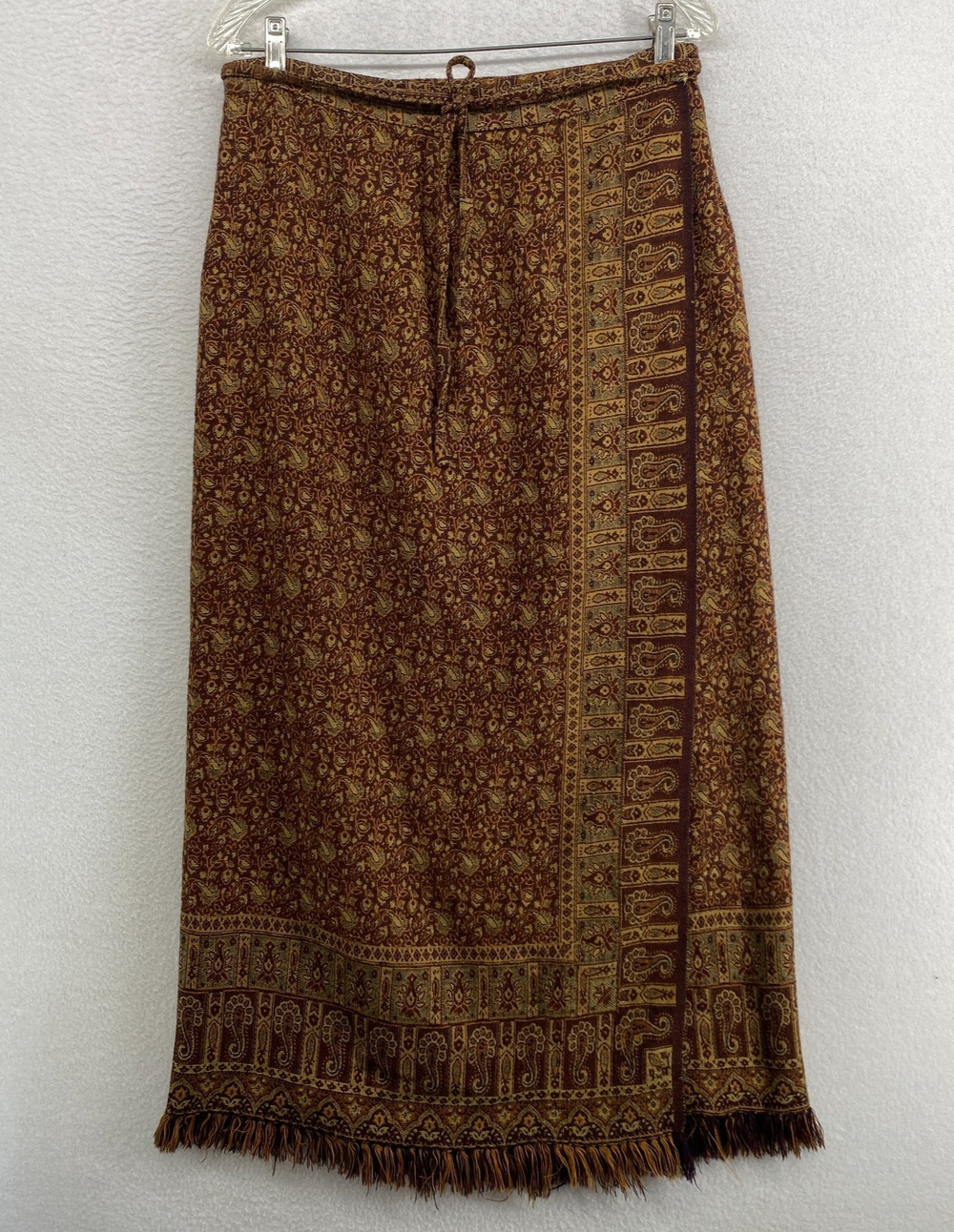 KARMA HIGHWAY Skirt OS Batik Jacquard Wrap Midi Boho Ethnic Paisley Fringe Brown